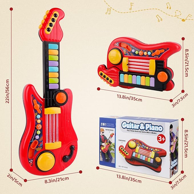 Kids Guitar 2 in 1 Musical Instruments for Kids Piano Toddler Toy Electric Guitars with Strap Music Toys for 3 4 5 Year Old Boys Girls Gifts (Red)