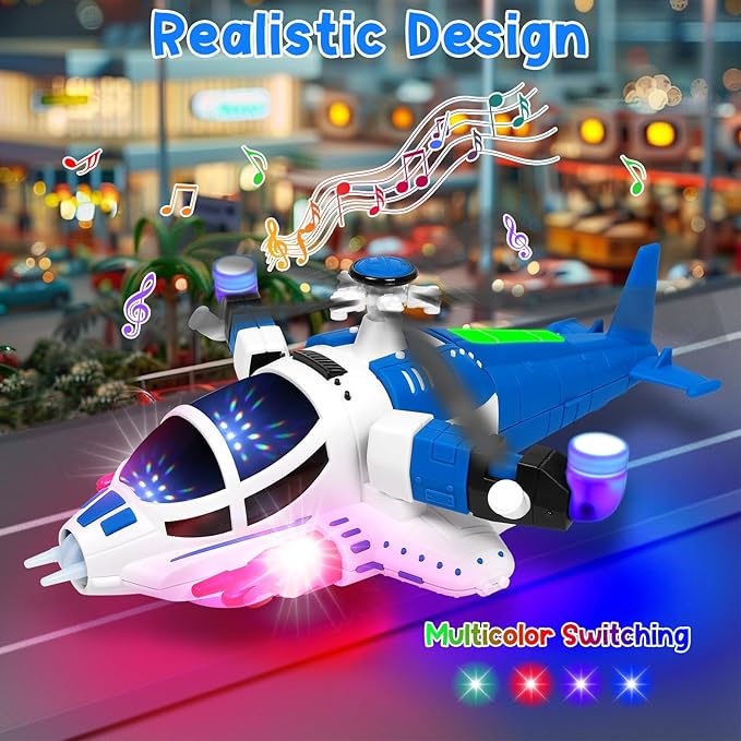 Helicopter Toy for Toddlers 1-3 With Lights And Sounds, 360°Freedom And Operated Automatic Bump Autism Sensory Light Up Toys Airplane for Toddler Boy Toys 2 3 4 5 Year Old Up Boy Girl Birthday (Blue)