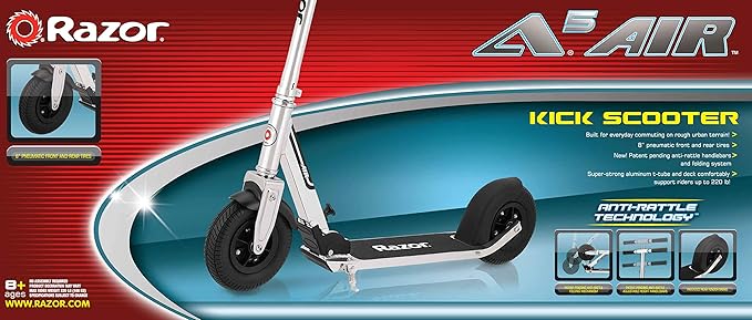 Razor A5 Air Kick Scooter for Kids Ages 8+ - Extra-Long Deck, 8" Pneumatic Rubber Wheels, Foldable, Anti-Rattle Handlebars, for Riders up to 220 lbs