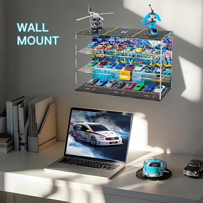 1/64 Scale Toy Car Garage Storage with Led Light, Model Car Display Case with Parking Lot Scene for Hot Wheels and Matchbox Cars, Die Cast Diorama for Alloy Car Model Aircraft with Airport