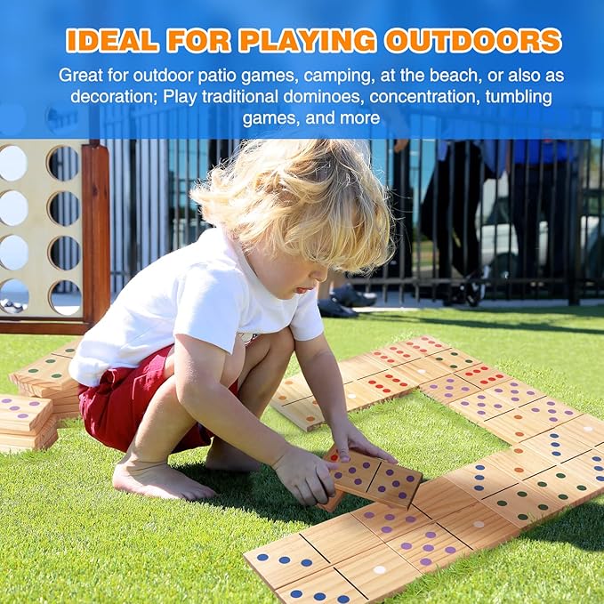 GSE Games & Sports Expert Large Wooden Dominoes with Multi-Color Dots, 28 Piece 7" x 3.5" Dominoes Game Set with Storage Bag for Home, Yard