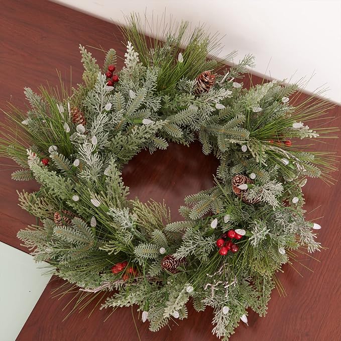 Pre-lit Christmas Wreath for Front Door, Snow Branches, 22 Inch Battery Operated 50 LED Lights, Decorations for Indoor & Outdoor Green