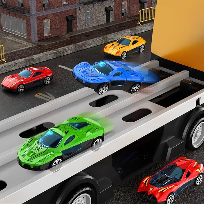 78-Inch Cars Trucks Toys for Toddler 1-3 2-4 3-5 4-7 Years Old Boys Kids, Transport Truck Toys with 24 Pcs Die-Cast Cars, Toys Gifts for 3 4 5 6 Year Old Boys, Toddler Boy Toys Ages 3-5 4-7