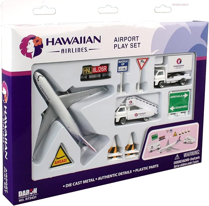 Daron Hawaiian Airlines 12 Piece Playset with Die-Cast Metal Model Airplane with Plastic Parts, Cars and Transportation Toys for Kids Ages 3+