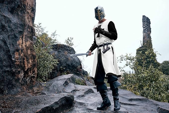 Ryannology Mens Crusader Costume Medieval Templar Renaissance Knight Warrior Tunic Retro Halloween Cosplay Top with Cross