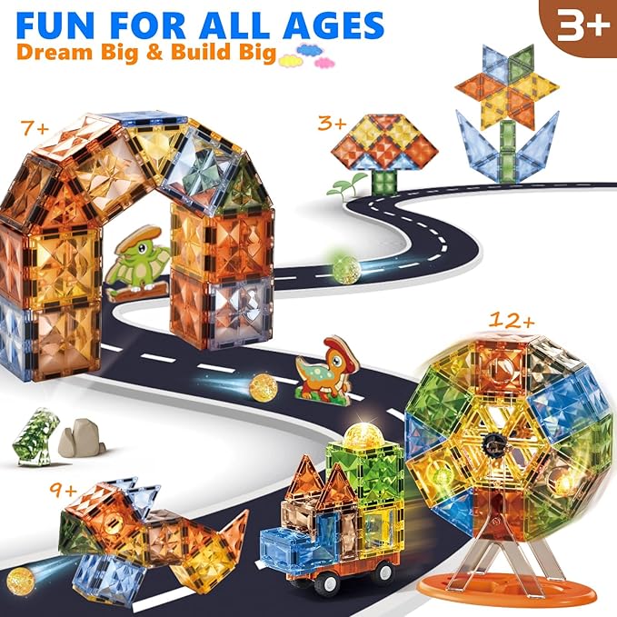 BINZKBB Magnetic Tiles 110PCS - 3D Lighted Magnet Building Blocks for Kids,Creative Dinosaur Toys Educational Sensory Stack STEM Construction Toys for Kids Ages 3 4 5 6 8 10+ Year Old Boys Girls