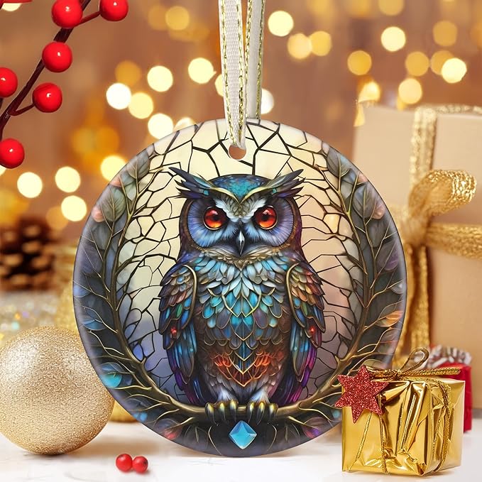 3.5 Inch Ceramic Owl Christmas Ornament - Hanging Owl Decor for Christmas Tree, Gifts & Holiday Presents