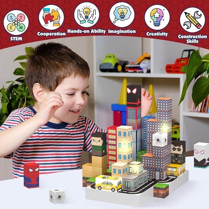 Magnetic Blocks Building Toys Set, Spider Toys Light Up Magnetic Building Blocks for Boys Girls Ages 3+, Magnet Cubes STEM Sensory Construction Toy City Themes