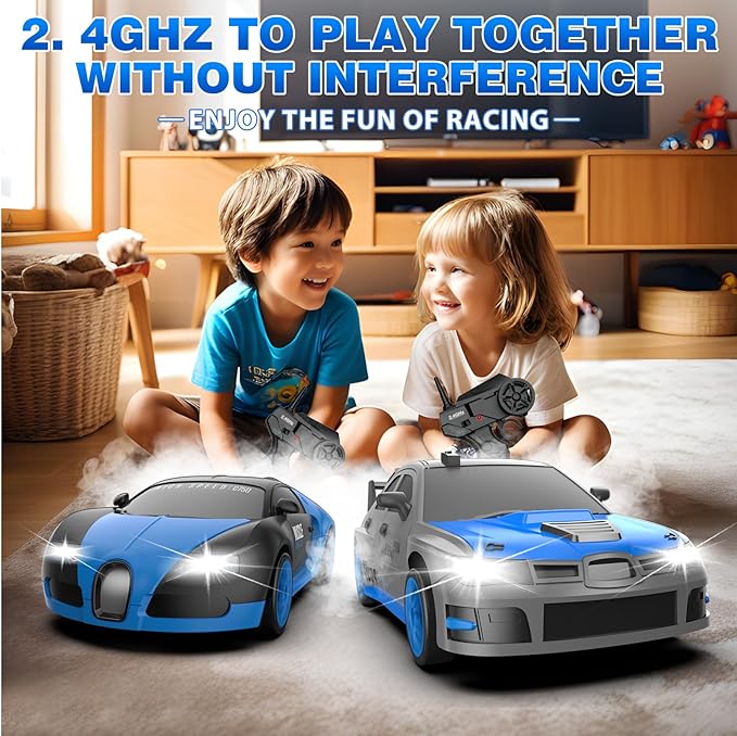 Remote Control Car, 1/24 2.4GHz 4WD RC Drift Car High Speed RC Cars Racing Cars with Cool Lights, Two Rechargeable Batteries and Extra Tires Toy Car for Kids Boys Adults