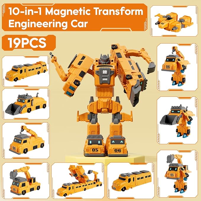 Magnetic Transform Engineering Car for Boys 4-6, Assembled Transforming Robot Toys for Kids 5-7, 10 in 1 Construction Vehicles Toy Sets, Birthday Gifts for Boys Age 3 4 5 6 7 8