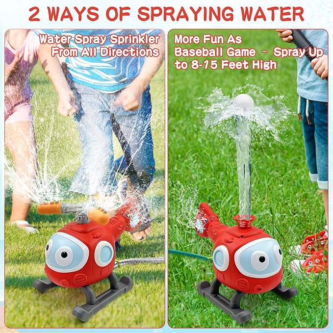 2 in 1 Water Sprinklers T Ball Set for Kids and Toddlers, Baseball Sprinkler for Backyard Helicopter Toy, Attaches to Garden Hose Summer Pool Outdoor Water Toy
