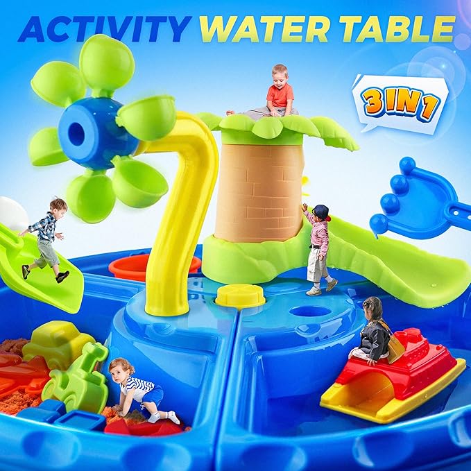 BELLOCHIDDO Kids Water Table for Toddlers 1-3 - 3 in 1 Kids Sand and Water Play Tables, 22PCS Sensory Activity Watertable Outside Backyard Summer Beach Toy for Age 1 2 3 4 5 Year Old Boys Girls