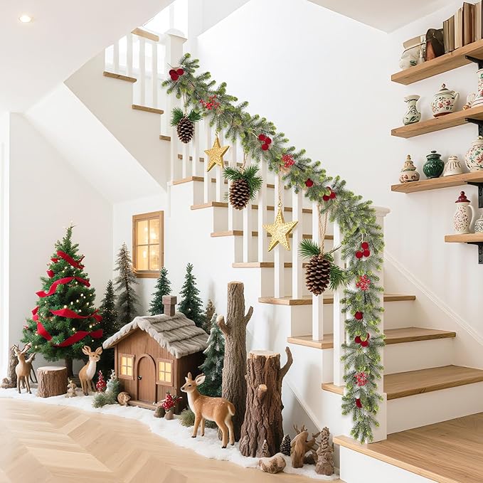 SY Super Bang 6FT Christmas Garland, Artificial Green Garland Christmas Decorations with Velvet Ball Red Berry Exquisite Ornaments, for Indoor Outdoor Home Table Fireplace Xmas Party Holiday Decor.