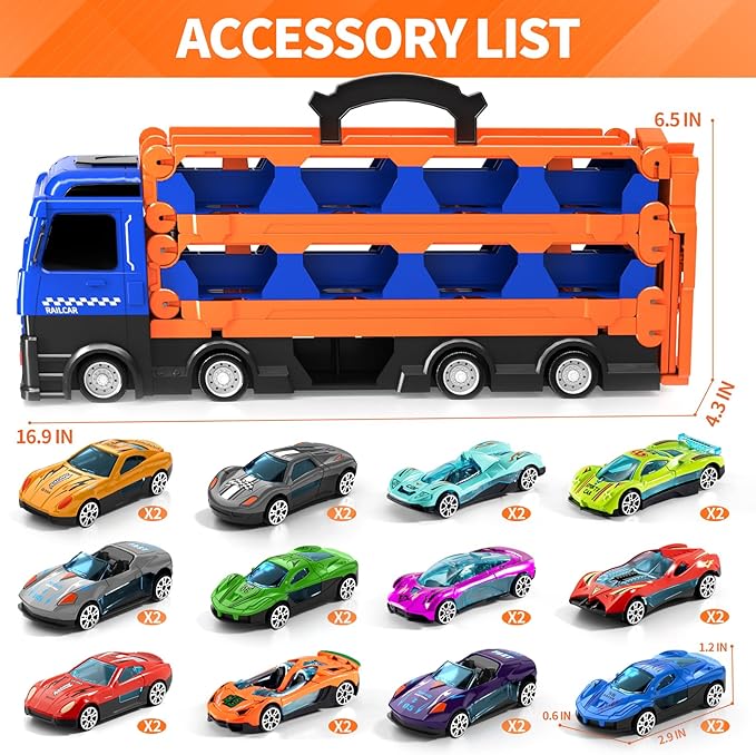 78-Inch Cars Trucks Toys for Toddlers 1-3 2-4 3-5 4-7 Years Old Boys Kids, Transport Truck with 24 Pcs Die-Cast Cars, Toy Gifts for 3 4 5 6 Year Old Boys, Toddler Gift Toys Ages 3-5 4-7
