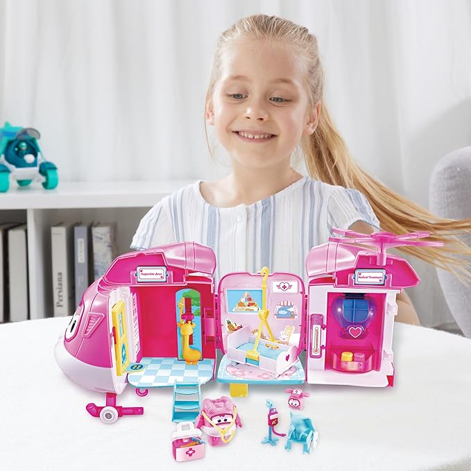 Super Wings Dizzy Rescue Helicopter Hospital Playsets,Airplane Pet Care Play Sets Doctor Kit for Kids 3-5, 20+ Accessories Pretend Dr Kit for Toddlers, Gifts for Girls Boys 3-7 Years Old