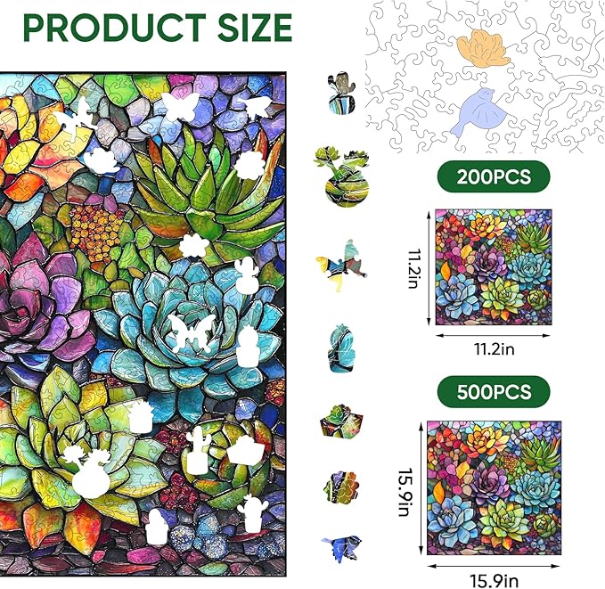 delobi Stained Glass Puzzle Succulent Wooden Puzzles for Adults 200 Pieces, Unique Liberty Challenging Jigsaw Puzzles Gift for Friends Family Game Medium Size 11.2'' x11.2''