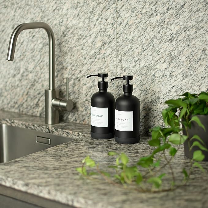 16oz Glass Soap Dispenser with Stainless Steel Pump, 21 Waterproof Labels, Non-Slip Protective Silicone Pad, Set of 2 for Bathroom & Kitchen (Matte Black Bottle/Black Pump)