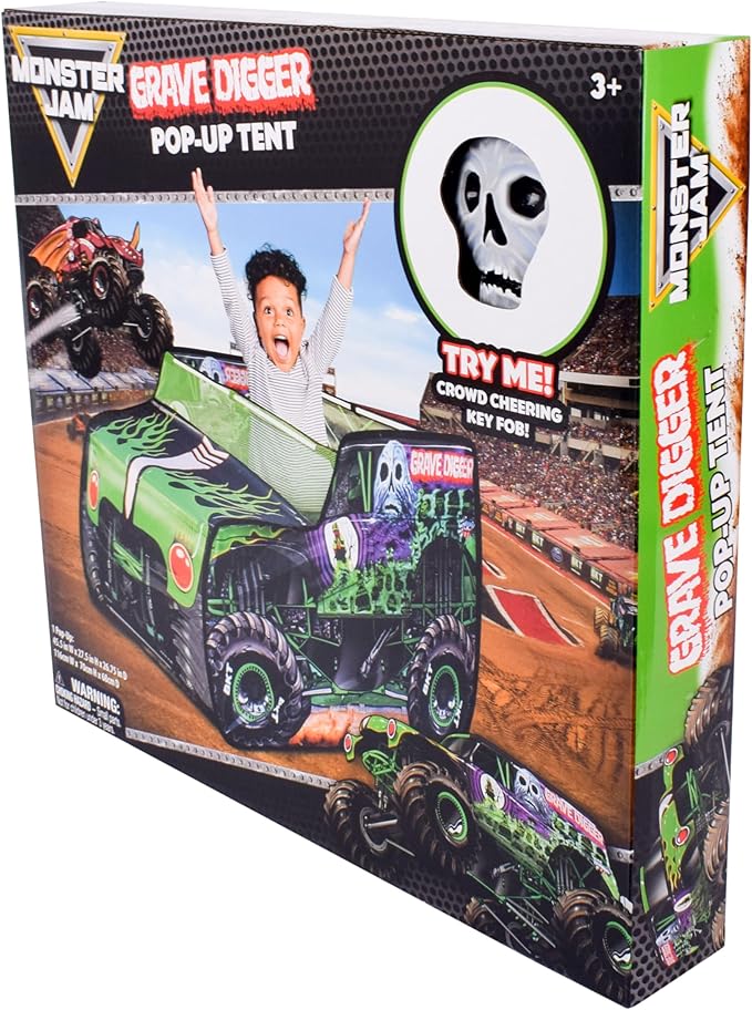 Monster Jam Grave Digger Pop Up Tent – Monster Truck Playhouse for Kids | Removable Skull Key Fob with Vehicle Sounds | Car Toys for Toddlers – Sunny Days Entertainment