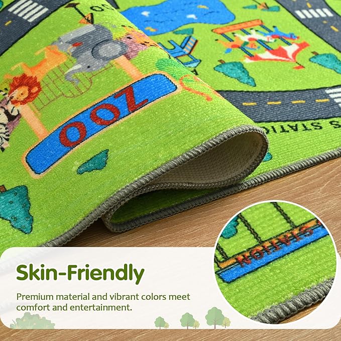 Merelax 4x6 Kids Car Rug Green Grey Area Rugs for Living Room Playroom Classroom Bedroom, Non Slip Kids Play mat Washable Rug, Educational City Traffic Road Map Fun Car Carpet for Ages 3-12