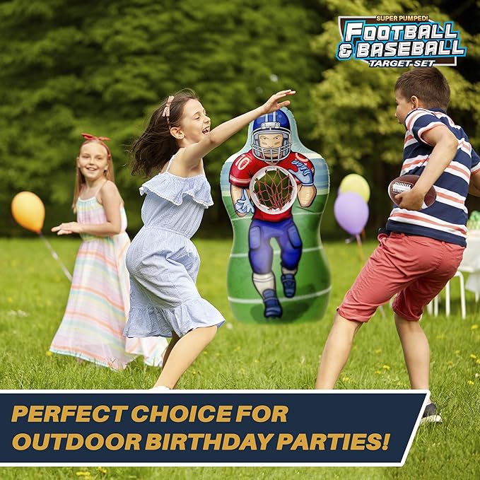 Inflatable Double-Sided Baseball & Football Target Set - Blow Up Toy with Soft Football, Baseball & Inflatable Bat - Fun Toss Games for Indoor, Outdoor, Backyard & Party Favor - 5 Feet