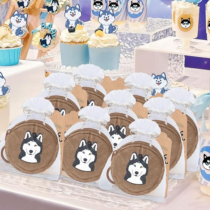 15 Pack Husky Mini Coin Purse with Keyrings for Husky Themed Dog Party Lets Pawty Pet Party Birthday Party Supplies,Brown