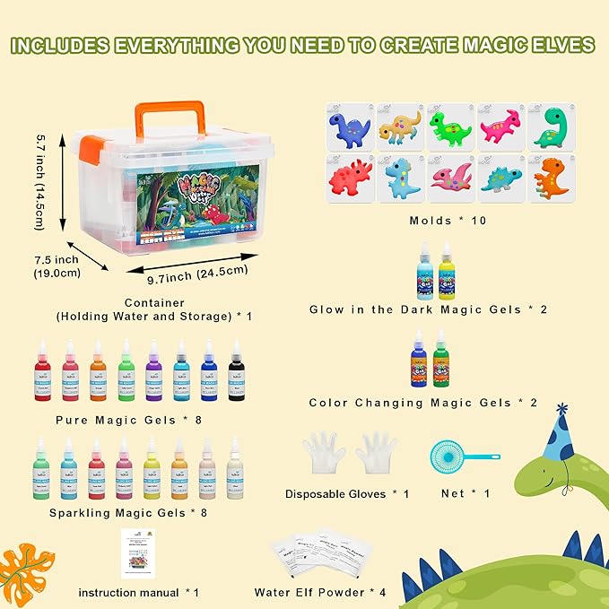 Kiditos Dinosaur Magic Water Elf Toy Kit,Aqua Fairy Water Gel Kit-20 Magic Gels&10 Molds-Make Your Own Water Pets&Squishy Toys–Fun Summer DIY Craft Kit,Birthday Gifts&Party Favors for Kids Ages 3+