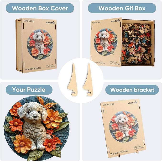 Wooden Puzzle for Adults - 3D Vision Effect White Dog Wooden Puzzle 200 Pcs Unique Shape Advanced Wooden Jigsaw Puzzle, Wood Puzzles, Challenge Wooden Jigsaw Puzzle(11.1 x 11.2 in)