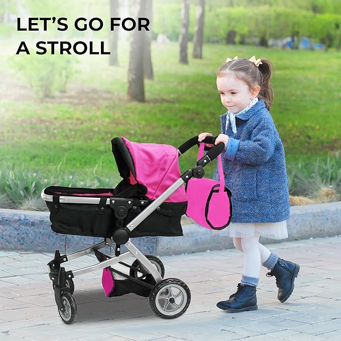 Mommy & Me 2 in 1 Deluxe Baby Doll Stroller, Toy Baby Stroller with Diaper Bag, Foldable, Doll Carriage for Kids, 32 Inches