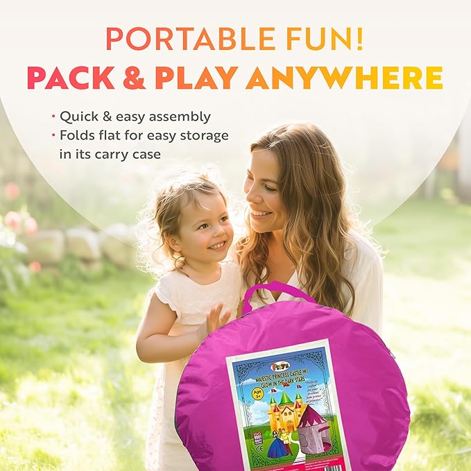 Playz 5-Piece Princess Castle Girls Pop Up Play Tent & Dress Up Costume Bundle - Playhouse Gift for Girls & Toddler for Indoor & Outdoor Use with Pink Fairy Tale Carrying Bag & Glow in The Dark Stars