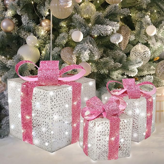 Lighted Gift Boxes Set of 3, Pink Christmas Décor Gift Boxes, Prelit 60 White Lights Present Box Lighted Display with Plug for Home Porch Outdoor Yard Valentines Day Pink Christmas Decorations