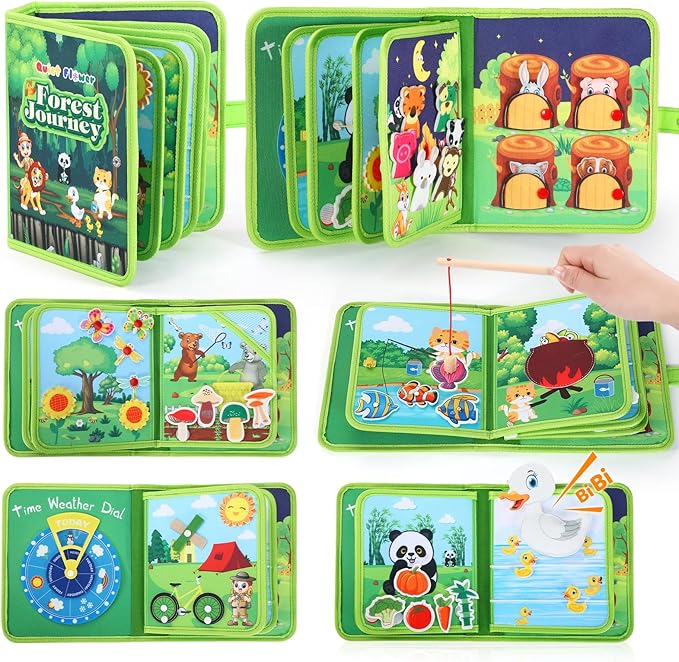 Busy Book for Toddlers 1-3,Montessori Plane Toys Busy Board for 1 Year Old with Fishing Game Finger Puppet Motor Skill,Educational Learning Quiet Activity Sensory Book, 1 2 3 4 Boy Girl Birthday Gift