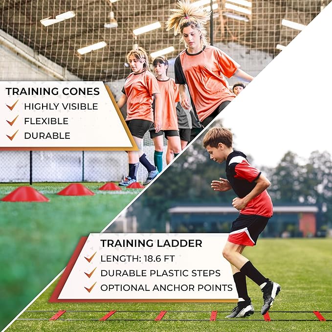 Soccer Goals for Backyard 6FT x 4FT - Portable Soccer Goals Set of 2 with Pump, Cones, Training Ladder, Size 4 Ball and Carry Bag - Soccer Nets, Durable Soccer Equipment for Kids and Adults