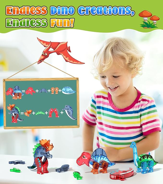 Dinosaur Toys Magnetic Tiles Set - 2 Eggs, 2 Baby Dinos & 5 Large Dinosaurs for Kids 3-5, 105pcs Magnetic Building Blocks for Toddlers 1-3 4-8,Magnet Tiles Educational Toy for Boys Girls