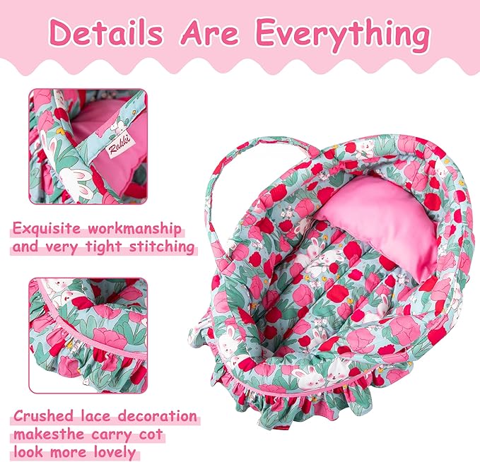 Doll Carry Cot Set, Soft Doll Carrier Basket Bassinet Includes 1 Cot and 1 Pillow, Rose Rabbit Doll Bassinet, Fits for 18-inch American Girl Dolls