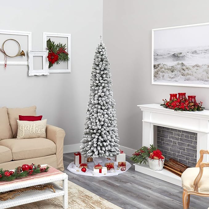 Nearly Natural 7ft. Flocked Pencil Artificial Christmas Tree with 400 Clear Lights and 574 Bendable Branches