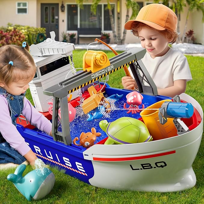 Ship Toys Water Tables for Kids Ages 2 3 4 5 6 - Electrical Play Boat for Toddlers 3-5, Fishing Game with 6 Fishes, Summer Water Sand Playset, Pool Beach Bath Toys, Gifts for Boys Girls 4-7