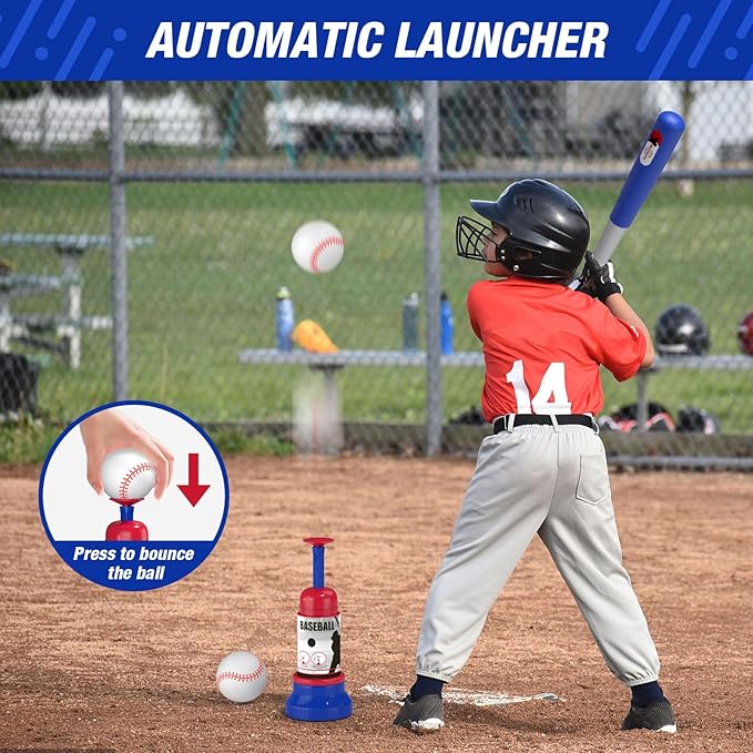4 in 1 T Ball Sets for Kids 3-5 with Toss and Catch Ball Set, Hanging Tee Stand with Auto Pitching Machine/ 2 Bats, Indoor Outdoor Toys Birthday Baseball Gifts for Toddler Boys Girls, Blue