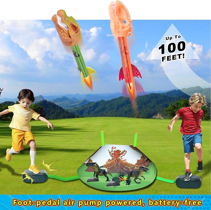 Dinosaur Toys Rocket Launcher for Kids, 8 Rockets with 2 Launcher Pads, Launch Up to 100 Ft, Outdoor Toys, Birthday Gifts for 3 4 5 6 7 8-12 Year Old Boys Girls