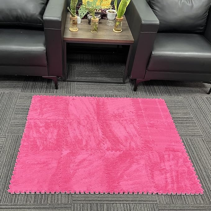 Interlocking Carpet Shaggy Soft EVA Foam Mats Fluffy Area Rugs Protective Floor Tiles Exercise Play Mat for Children Kids Room Home Parlor Bedroom (12 Pcs, Rose)
