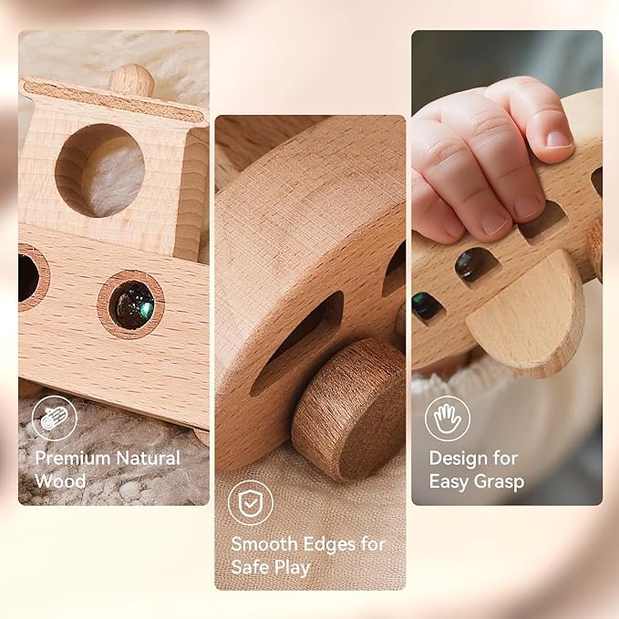WOODEN TEETHER 3pcs Wooden Cars for Toddlers 1-3 Years Car Toys for Babies Wooden Baby Toys Include Car Boat Airplane,Ideal Gift for Girls and Boys