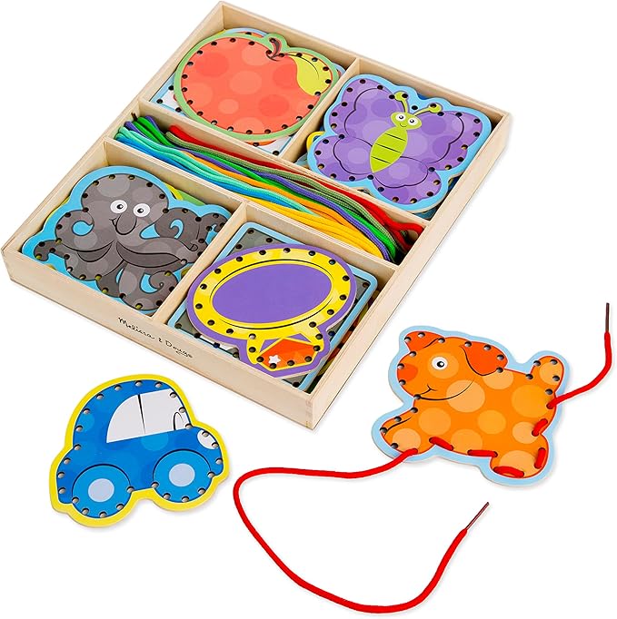 Melissa & Doug Alphabet Wooden Lacing Cards With Double-Sided Panels and Matching Laces Fine Motor Skills Threading Cards, Sewing For Preschoolers And Kids Ages 3+