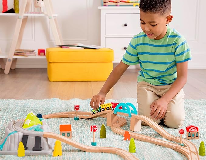 B. toys- Wood & Wheels Train Set- 47pc Wooden Train Set- Train Tracks & Accessories – Storage Bucket with Mountain Lid – Classic Toys for Toddlers, Kids – 3 Years +