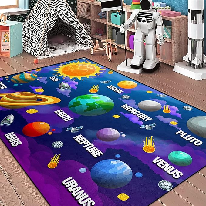 Universe Planet Area Rugs Outer Space Rugs for Boys Bedroom Educational Sofa Floor Mat Galaxy Solar System Theme Throw Rugs for Indoor Outdoor Carpets Crystal Polyester Mats Oversized, 5'×7'