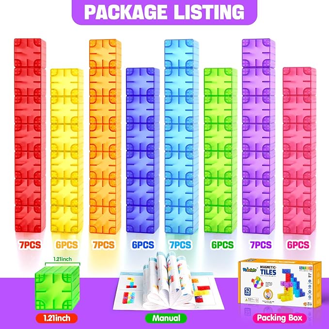 Magnetic Blocks - 52pcs Translucent Magnetic Cubes, Digit Building Blocks Magnet Toys for Kids, Rainbow STEM Creativity Toys 3+ Year Old Boys & Girls Toddlers Kids Christmas Birthday Gifts