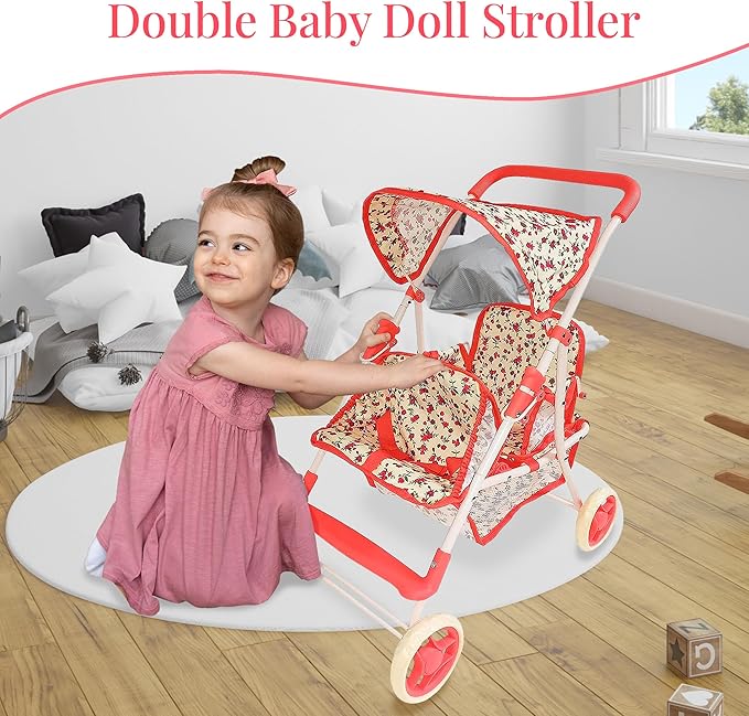 Double Doll Stroller for Baby Dolls Twin Dolls | Toy Doll Stroller for Toddlers, 4 Year Old, 5 Year Old Girls, 8 Year Old | 25” Tandem Play Toy Stroller for Baby Dolls, Floral Baby Stroller for Dolls