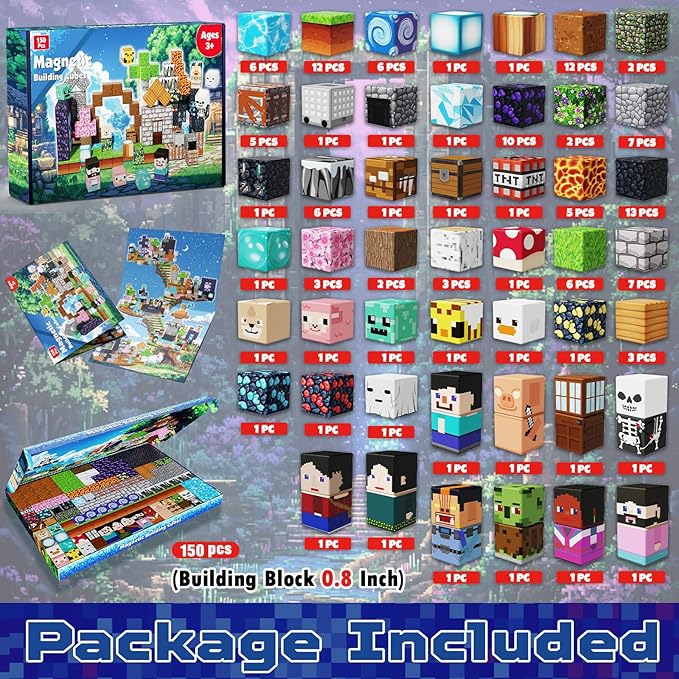 Magnetic Blocks - 150PCS Magnetic Building Blocks Cubes Adventurer, Magnet Toys for Kids Age 3+, Toy Building Set for Kids, Magnets Stacking Construction Birthday Gifts for Boys Girls Age 4-8, 8-12