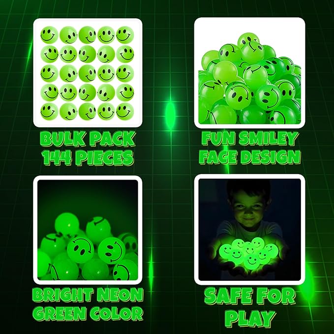 Bedwina Bulk Bouncy Balls Glow in The Dark - 144 Pcs (1inch / 27mm) Diameter, High Bouncing, Small Rubber Smile Face Bouncing Balls for Kids, Vending Machines, Party Favor