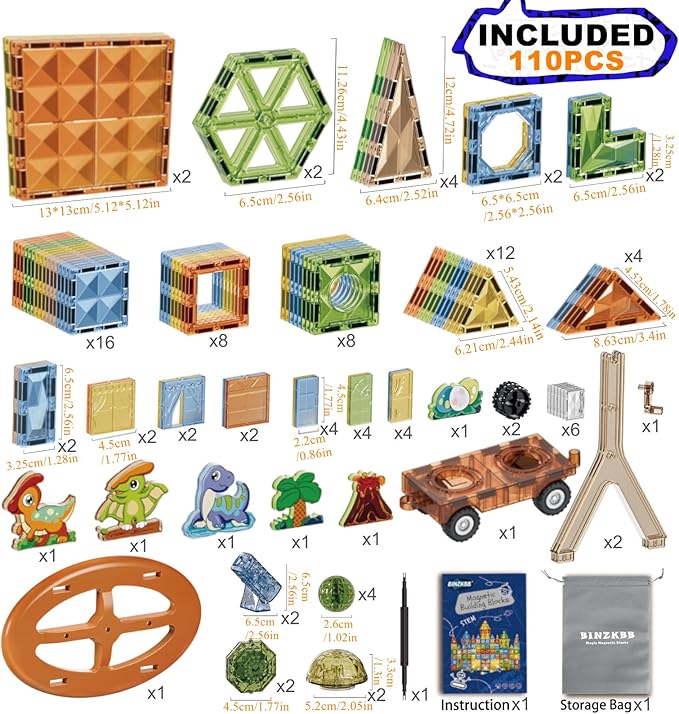 BINZKBB Magnetic Tiles 110PCS - 3D Lighted Magnet Building Blocks for Kids,Creative Dinosaur Toys Educational Sensory Stack STEM Construction Toys for Kids Ages 3 4 5 6 8 10+ Year Old Boys Girls