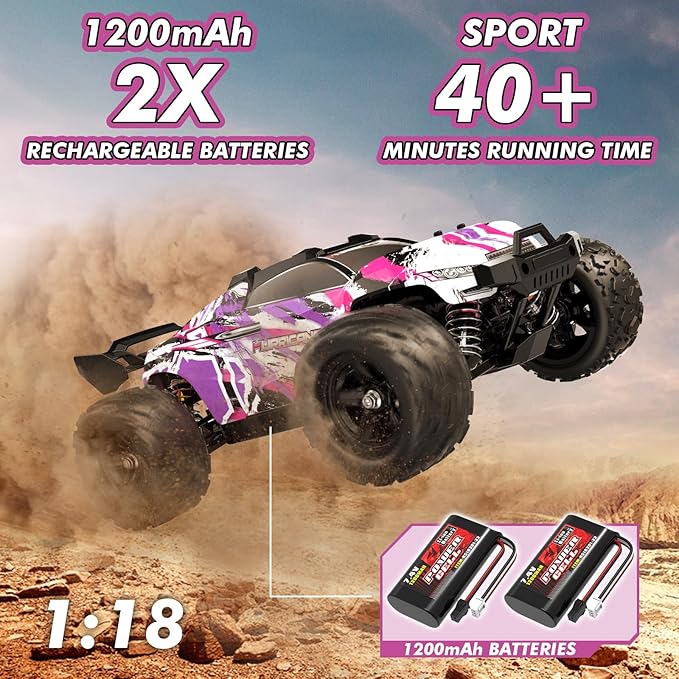Pink Remote Control Car for Girls, 1:18 Fast rc Cars for Girls with 40+ KM/H 4WD Off-Road rc Truck, Includes 2 Rechargeable Batteries, 8 9 10 11 12 13 Year Old Girl Gifts