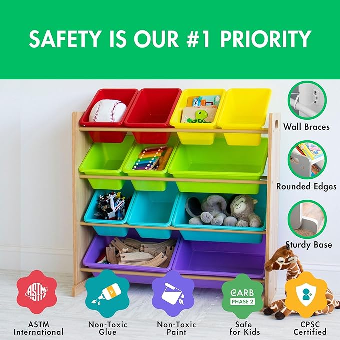Humble Crew Kids Toy Storage Organizer with 12 Storage Bins, Rainbow/Natural Wood